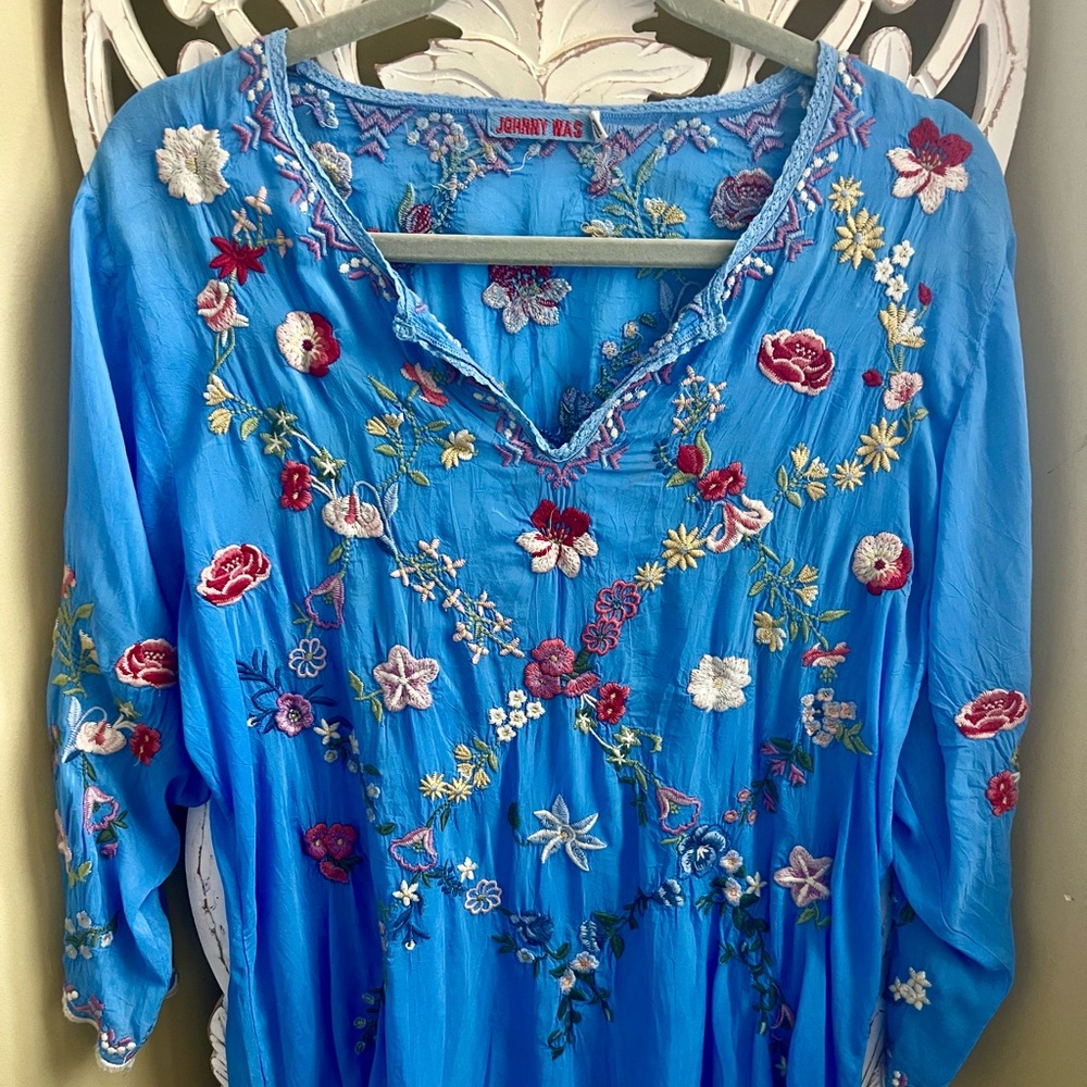 Johnny Was Blue 3/4 Sleeve Embellished Tunic